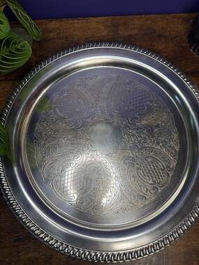 Vintage Silver Plate Round Serving Tray with Etched Floral Design&Rope Edge